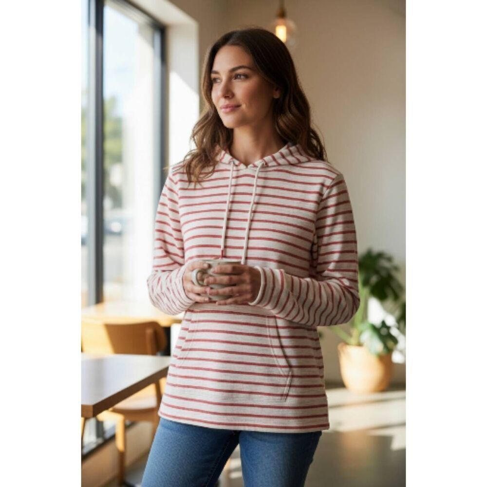 Aeropostale 100% Cotton Long Sleeve Red And Cream Striped Hooded Top Size S